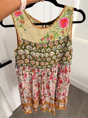 Anthropologie Floral Mini Dress in Cream, Pink, Green